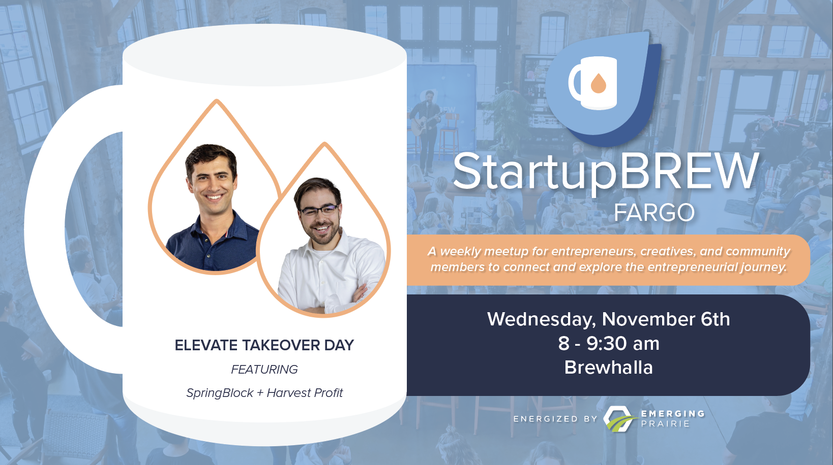 Coffee Cup Graphic with Jaryd Krishnan and Nick Zaccardi in droplets for StartupBREW.